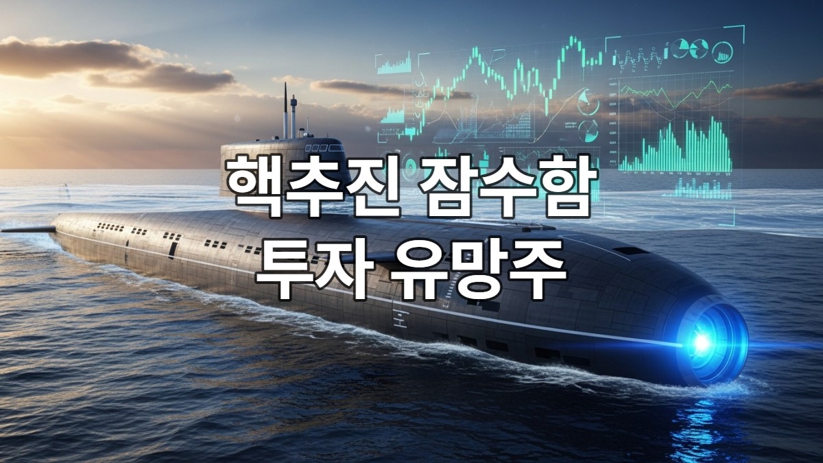 심해를 유영하는 첨단 핵추진 잠수함과 투자 그래프가 겹쳐진 이미지, 방위산업 기술과 투자 기회를 상징.