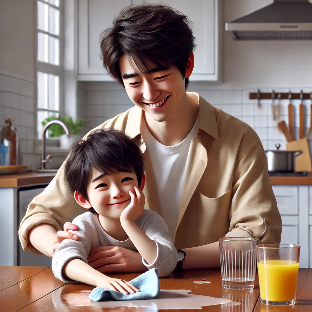 부모가 주방 테이블에서 음료를 쏟은 자녀를 따뜻하게 위로하며 테이블을 닦는 장면. 지지적이고 사랑스러운 분위기