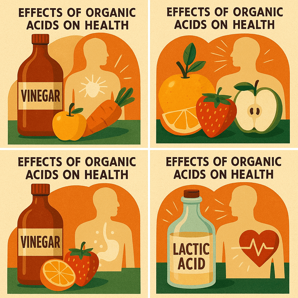 유기산이 건강에 미치는 영향을 식초,과일산,젖산으로 대사,면역,소화등에 효과있음을 간략하게 표현한 이미지