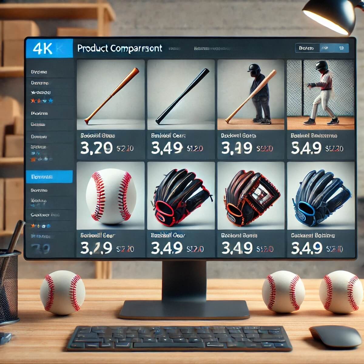 온라인 상에서 다양한 야구 장비를 가격과 평점으로 비교하는 화면