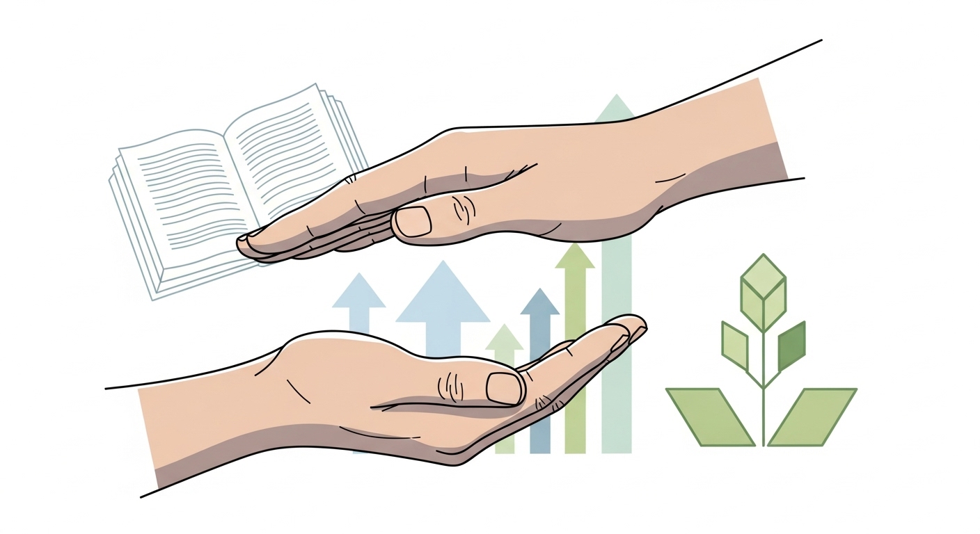 겸손하게 배우고 발전하려는 태도를 상징하는 두 손이 서로를 이끄는 그래픽 일러스트.