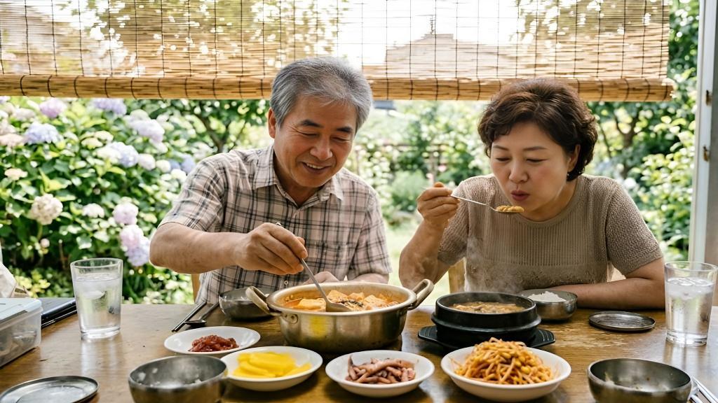 식당에서 부부가 혈압 올리는 국 찌개 먹는 모습