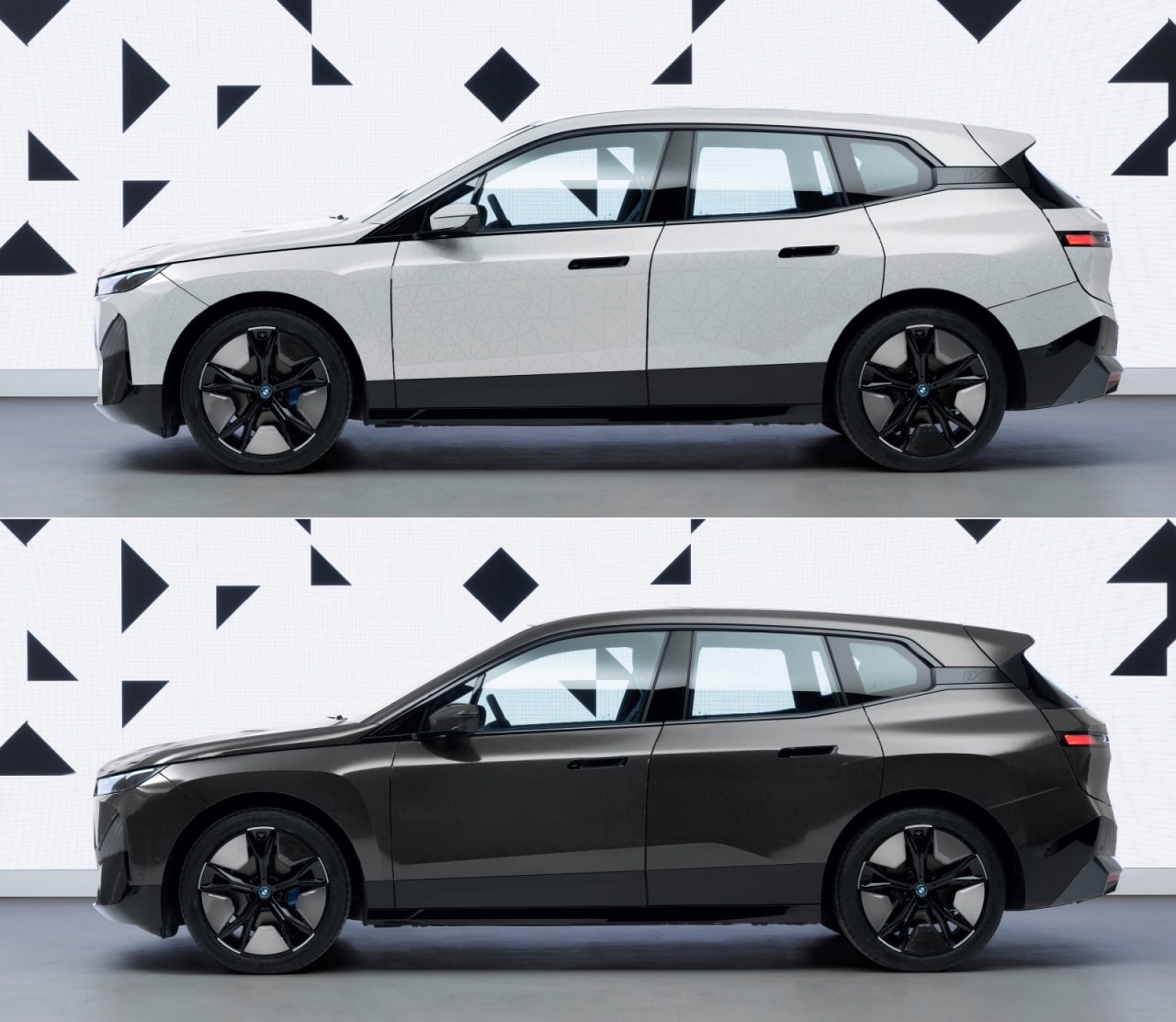 흰색(위)과 진회색(아래)으로 바뀐 BMW iX 플로우입니다.