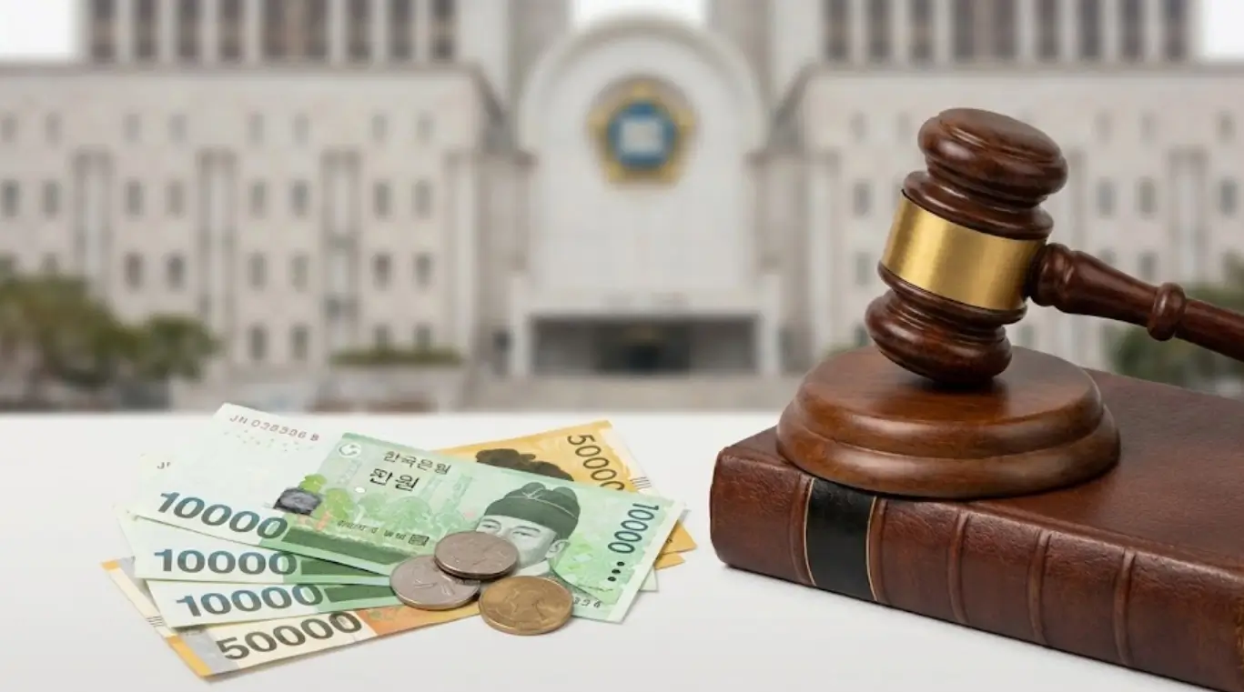 법적 대응을 상징하는 판사봉과 법전 옆에 놓인 소액의 위자료(한국 화폐) 이미지.