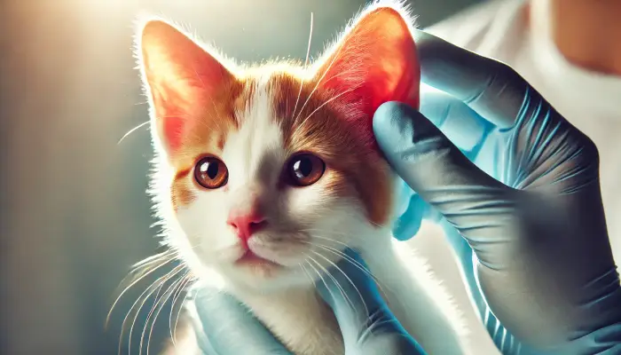 고양이 귀를 진찰하는 수의사의 손