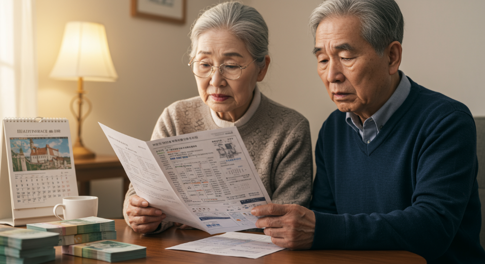 건강보험 피부양자 등록 실패로 인해 고민하는 노부부가 서류를 들여다보는 모습