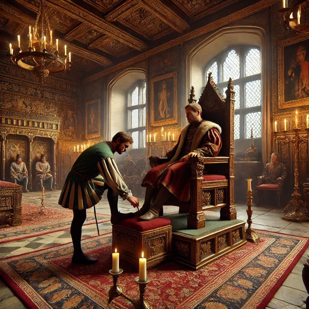 중세유럽 왕을 모시고 있는 왕실 시종장 (Groom of the Stool)의 모습