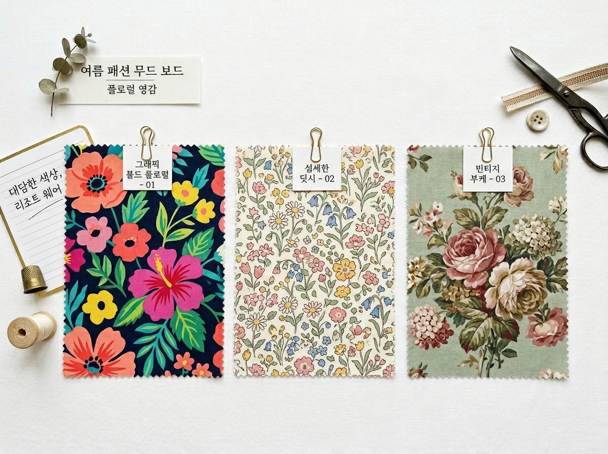 Flat lay of three floral fabric swatches on white background, graphic bold flowers, delicate small floral print, large vintage floral, summer fashion mood board, clean product photography