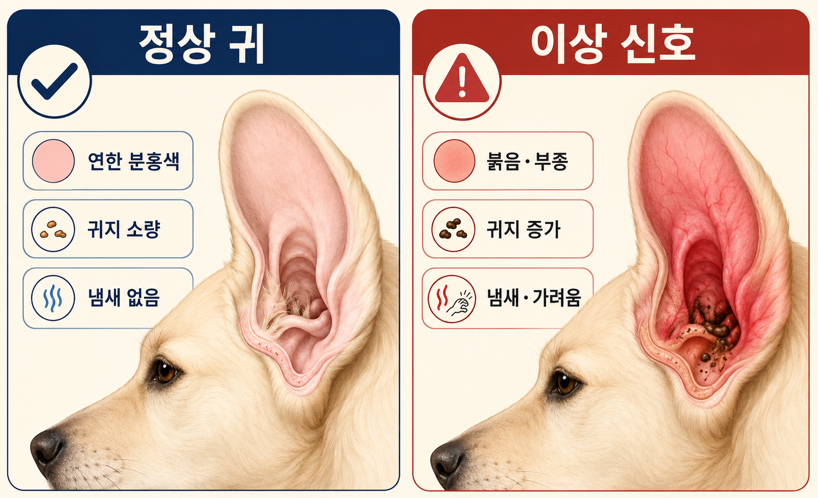 강아지 정상 귀와 귀지 증가&middot;붉어짐이 나타난 비정상 귀 비교