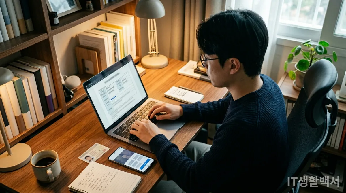 한국인 남성이 노트북으로 공동인증서 발급 신청서를 작성하고 스마트폰으로 OTP 인증을 하는 모습