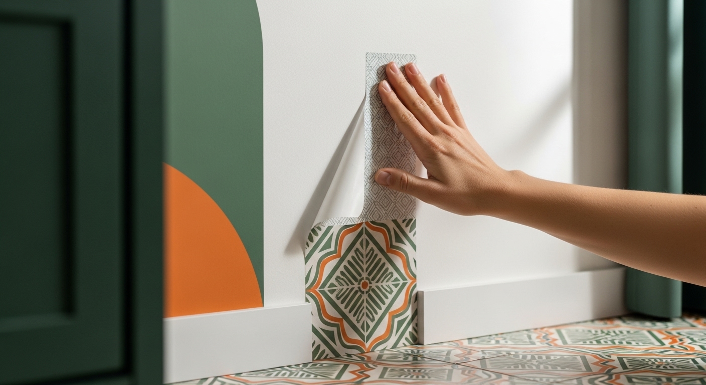 손쉽게 부착 가능한 기하학적 무늬의 벽 스티커를 벽에 붙이는 모습과 바닥 데코 타일.