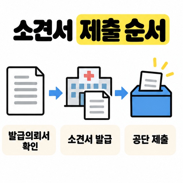 발급의뢰서 확인에서 의료기관의 소견서 발급을 거쳐 공단 접수함에 제출하는 순서를 화살표로 연결한 그림