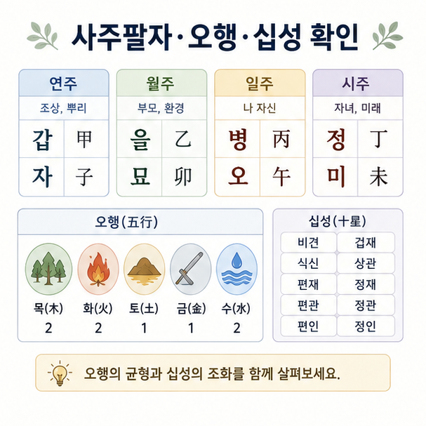 연주&middot;월주&middot;일주&middot;시주와 오행, 십성 정보를 보여주는 사주팔자 결과 이미지