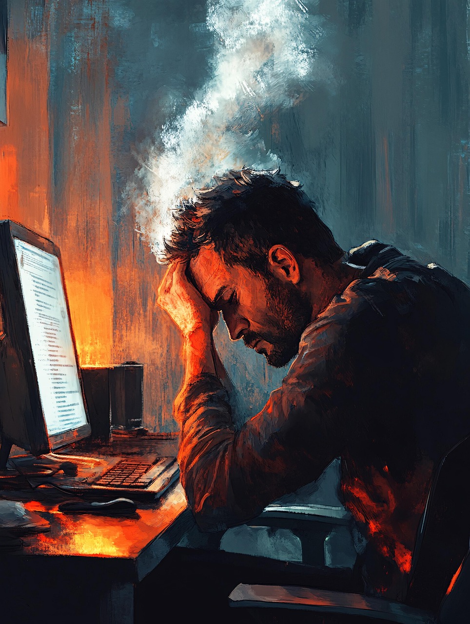 컴퓨터 앞에서 피곤한 남자 그림