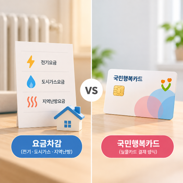 동절기 에너지바우처의 요금차감 방식과 국민행복카드 방식 두 가지 사용방법을 비교한 이미지