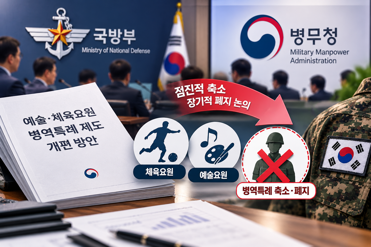 국방부와 병무청의 예술&middot;체육요원 병역특례 축소 및 장기 폐지 논의를 설명하는 정책 개편 이미지