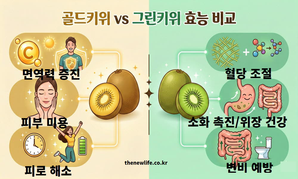 키위 효능의 차이점을 알기 위해 그린키위와 골드키위의 특징을 비교하는 이미지