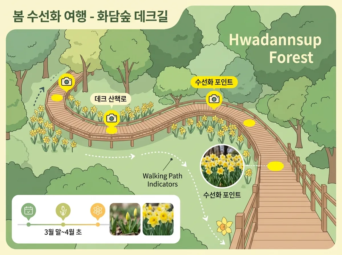 화담숲 데크 산책로와 봄 수선화 풍경