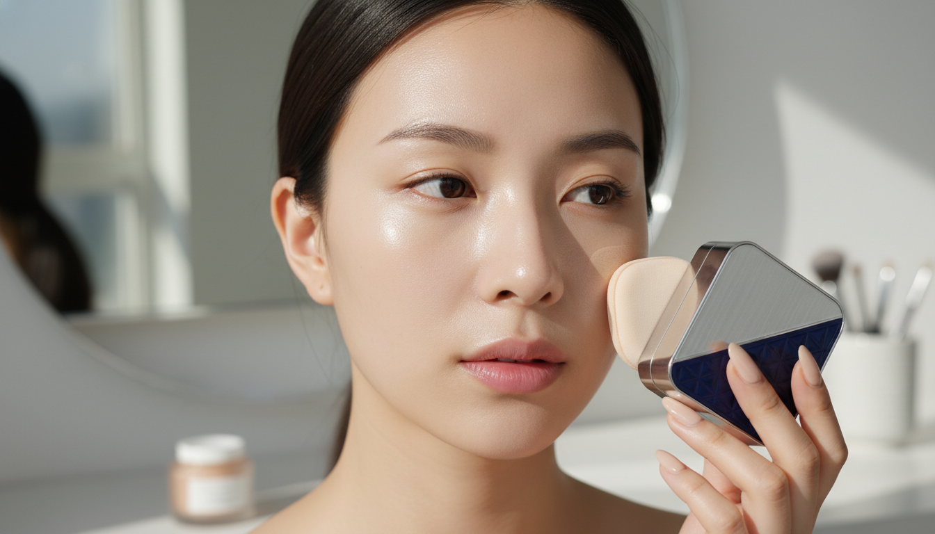 에스쁘아 실크 스킨 쿠션을 사용하는 수부지 피부 여성의 모습, 매끄럽고 윤기 있는 피부 표현을 강조한 클로즈업 사진