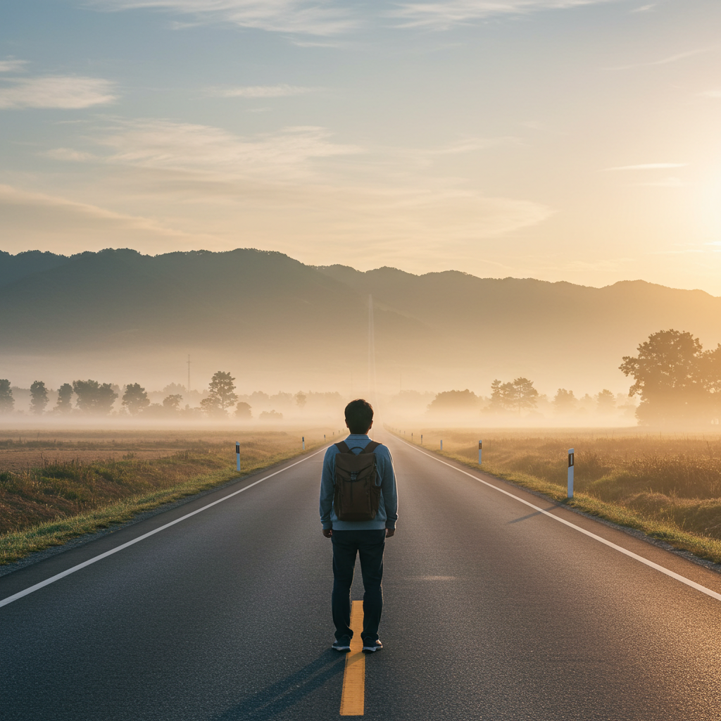 당뇨 관해라는 새로운 여정을 시작하며, 해가 뜨는 길 위에 서서 희망찬 표정으로 먼 곳을 바라보는 중년 남성