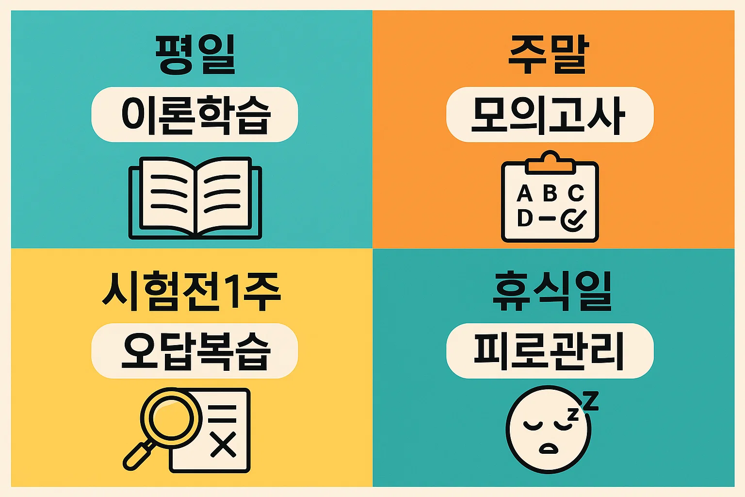 컴활 2급 자격증 준비를 위한 시간관리와 일정전략으로 평일 이론학습, 주말 모의고사, 시험 전 오답복습, 휴식일 관리 팁을 담은 인포그래픽