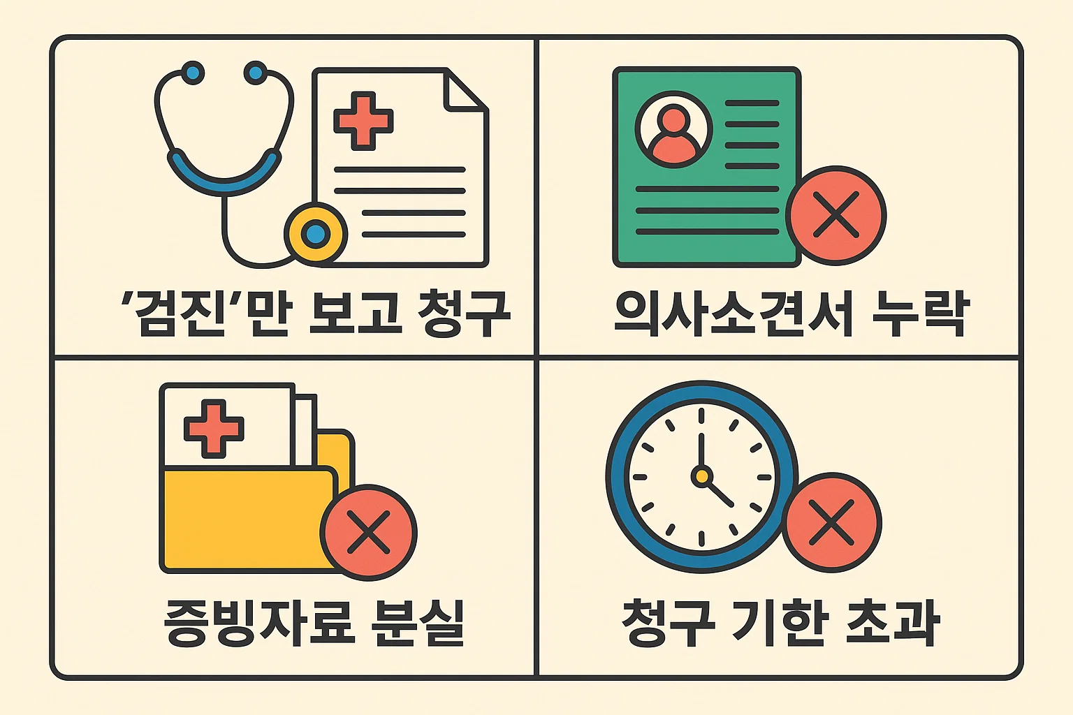 건강검진 실비보험 청구 과정에서 흔히 발생하는 실수를 정리한 인포그래픽. 단순 검진 청구, 의사소견서 누락, 증빙서류 분실, 청구기한 초과 등 거절을 막기 위한 유의사항을 시각적으로 안내한 이미지.