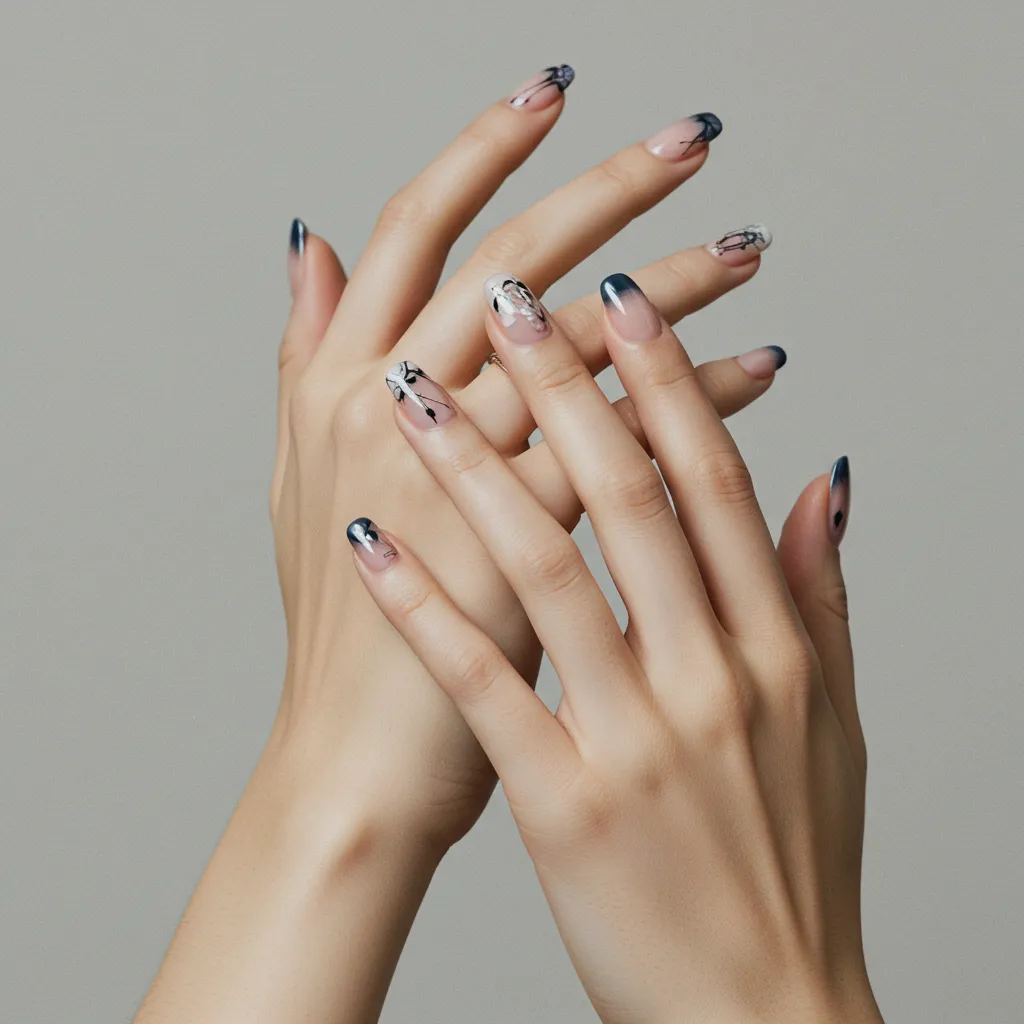 네일아트 받은 여성의 손이 모여져 있는 모습