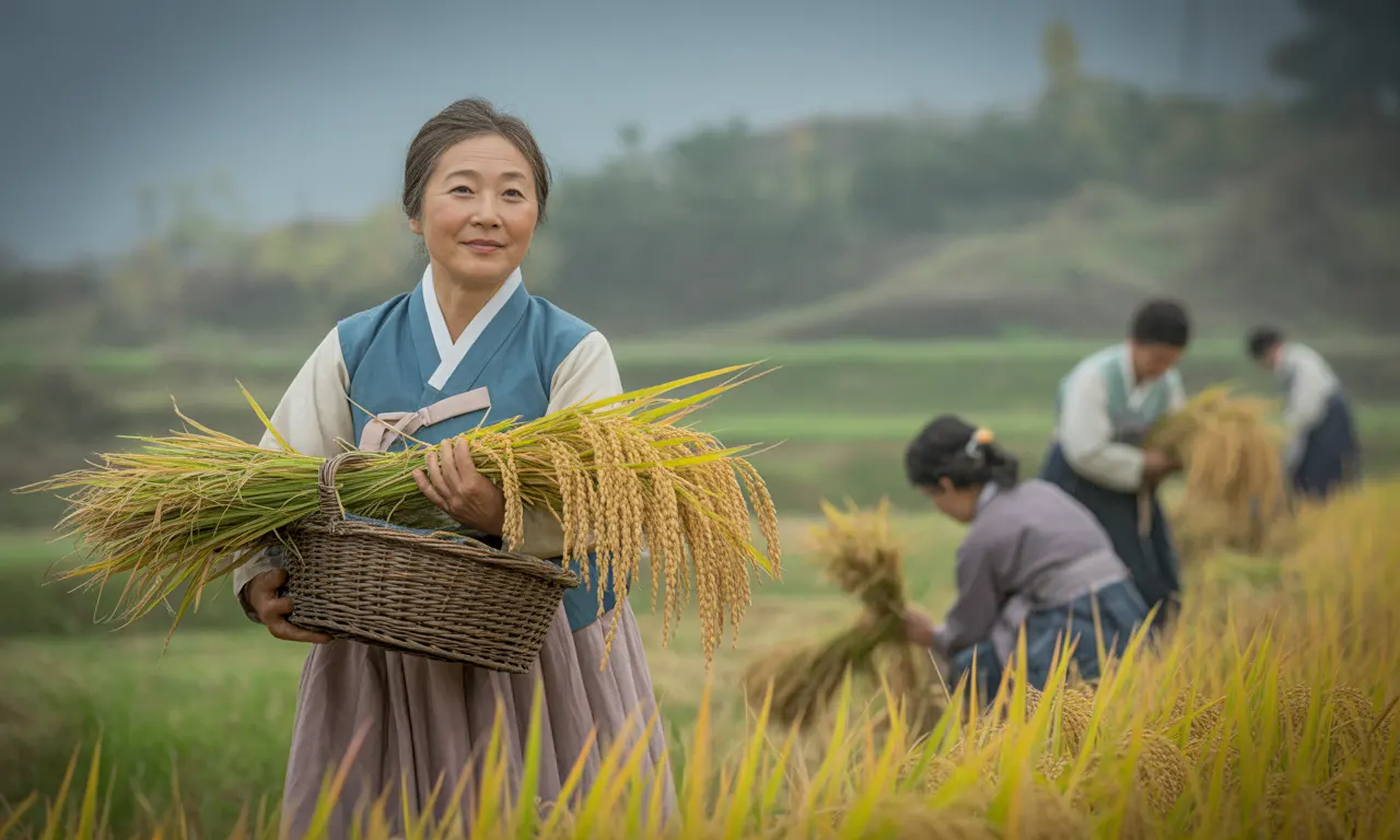 추분. 마을 사람들과 벼 수확을 하고 있는 중년의 여성 모습