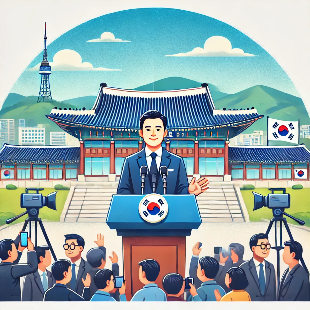 청와대를 배경으로 재출마 연설 중인 한국 대통령