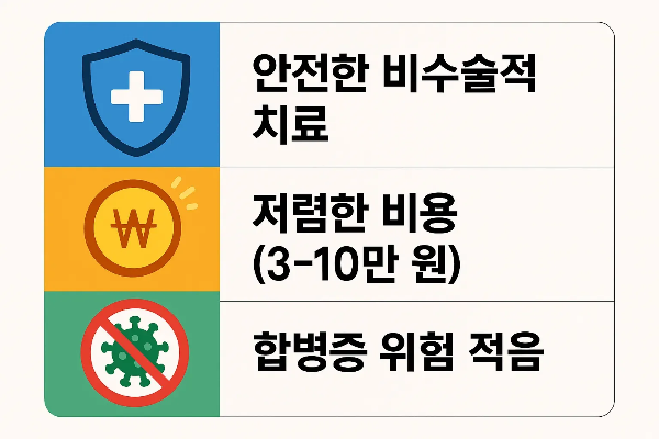 하지정맥류 압박스타킹 치료의 안전성, 저렴한 비용 범위, 합병증 위험이 적은 점을 강조한 인포그래픽 이미지입니다.