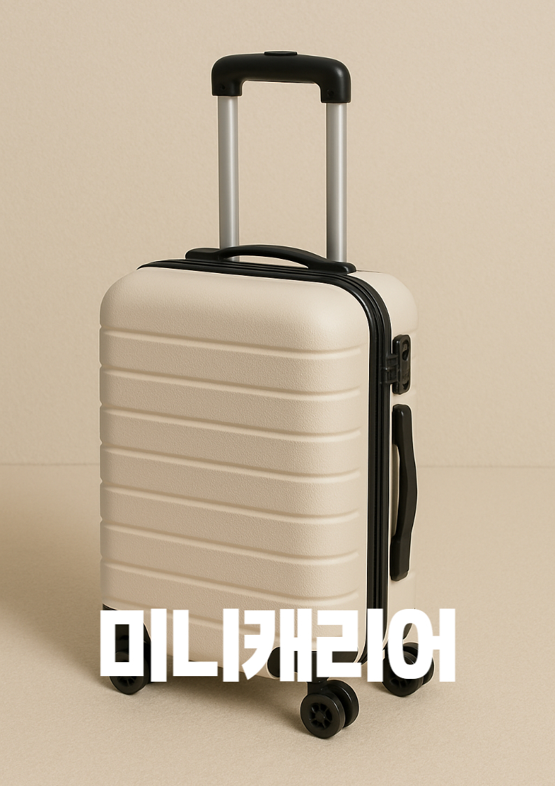 베이지톤-배경-앞에-세워진-미니-사이즈-하드쉘-캐리어가-검정-이중-바퀴와-수직-홈-디자인을-갖추고-있으며-은색-텔레스코픽-핸들과-옆면-손잡이로-휴대성과-실용성을-강조한-심플하고-견고한-느낌의-여행용-소형-캐리어