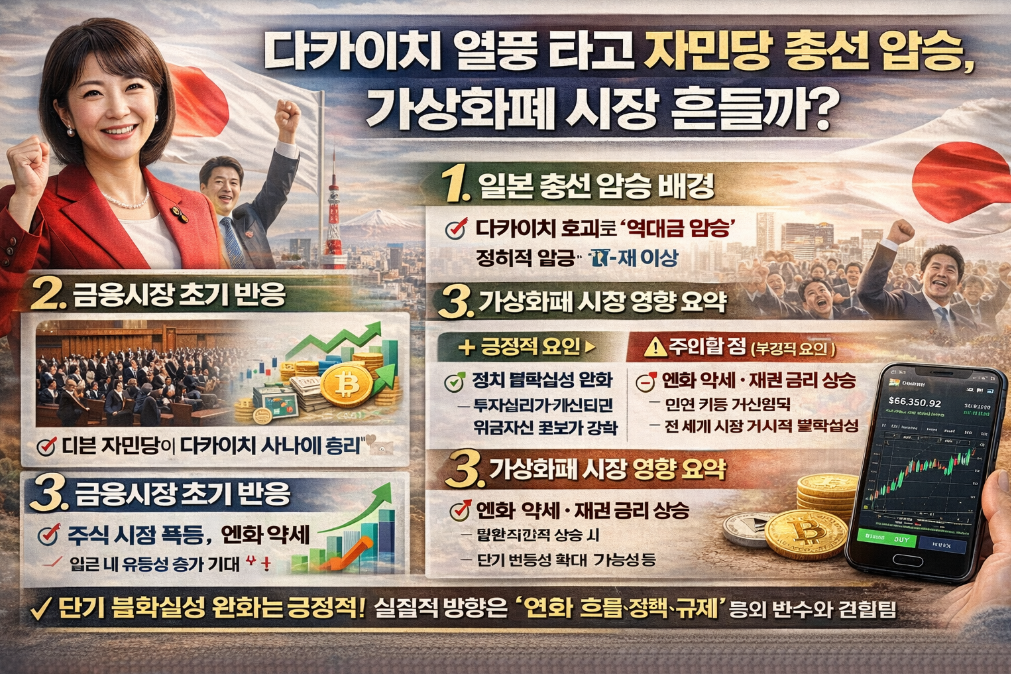 다카이치 열풍 타고 일본 자민당 총선 압승, 가상화폐 시장 흔들까?