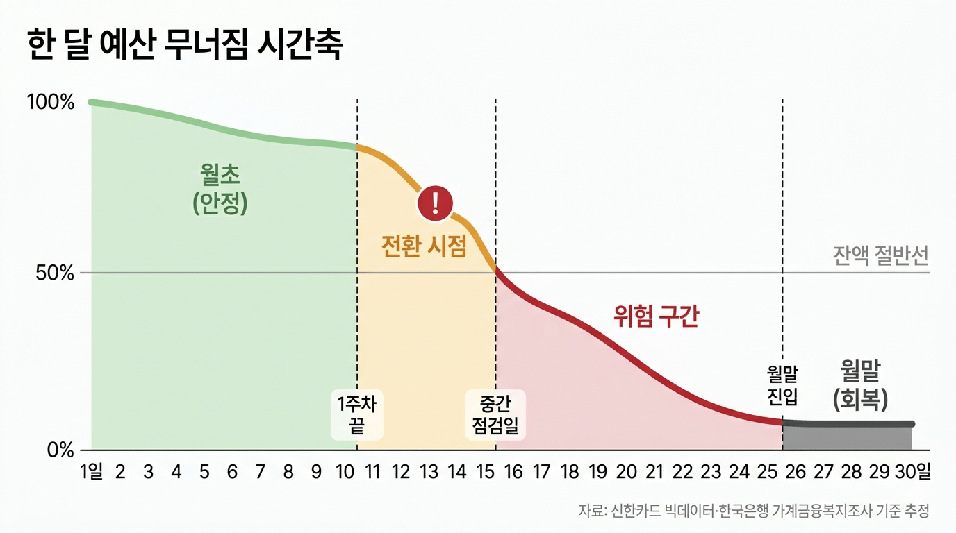 월별 생활비 예산 무너지는 시점 시간축 그래프