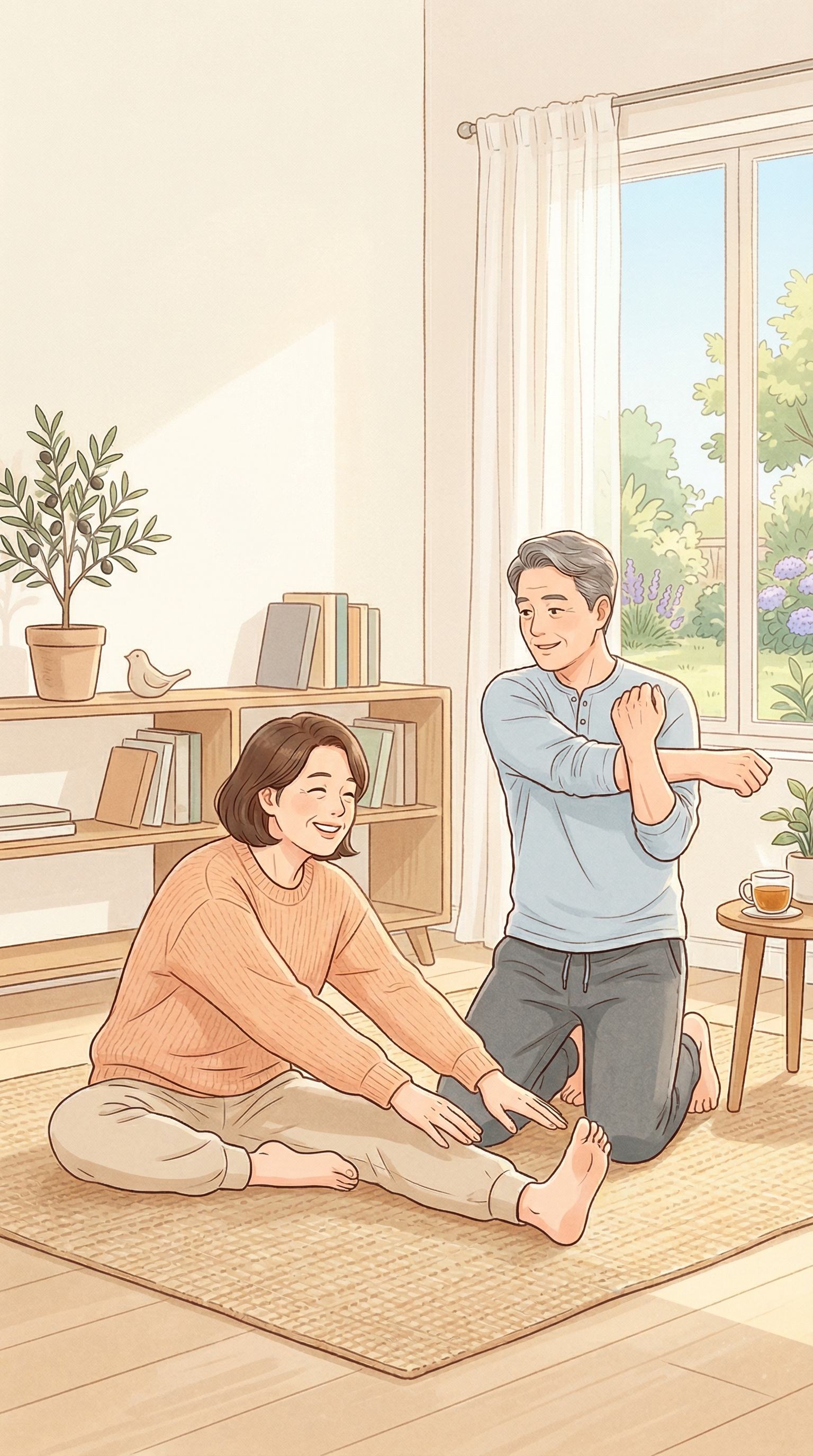 거실에서 가볍게 스트레칭하는 50대 부부