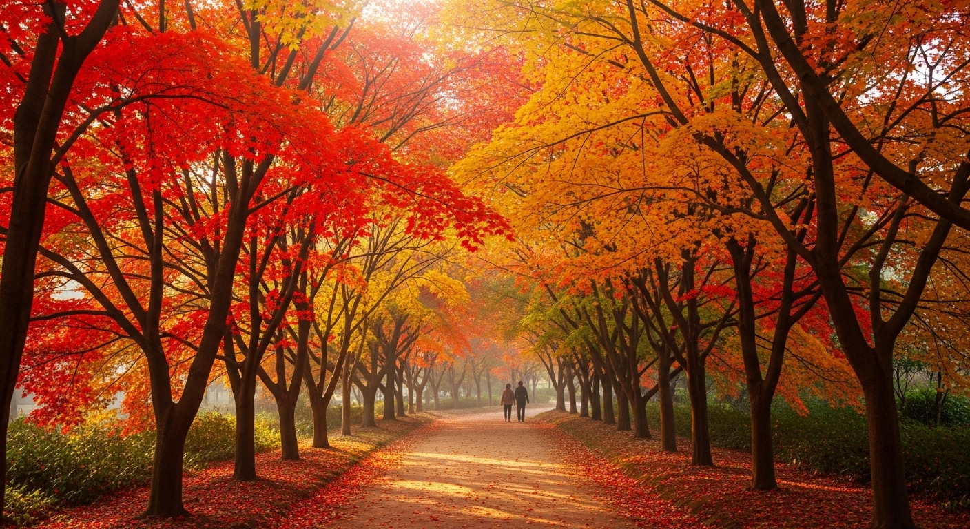 화담숲 단풍나무원의 붉고 노란 단풍 터널 길을 걷는 연인들의 모습. 가을 햇살이 나뭇잎 사이로 부서져 들어와 로맨틱한 분위기를 더합니다.