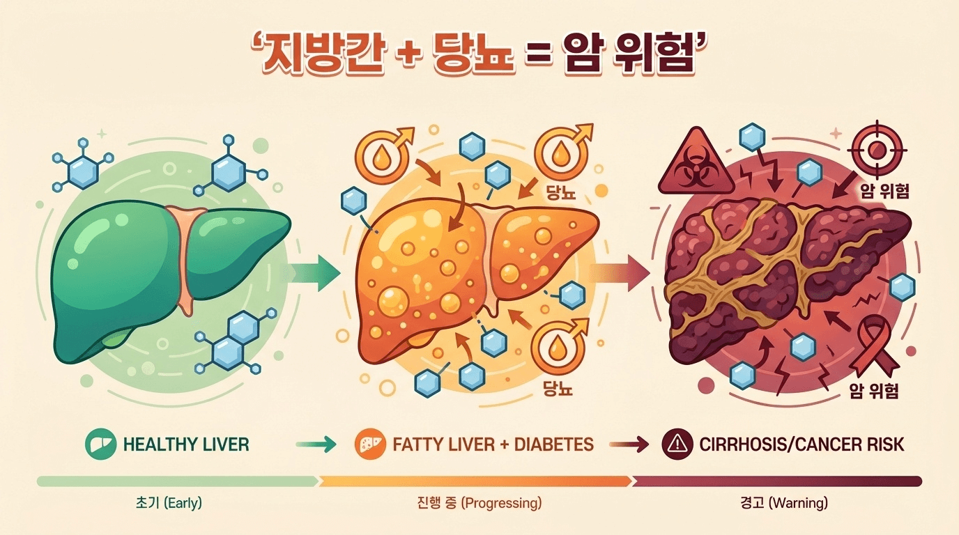 지방간과 당뇨병의 진행 과정 및 간암 위험도 인포그래픽