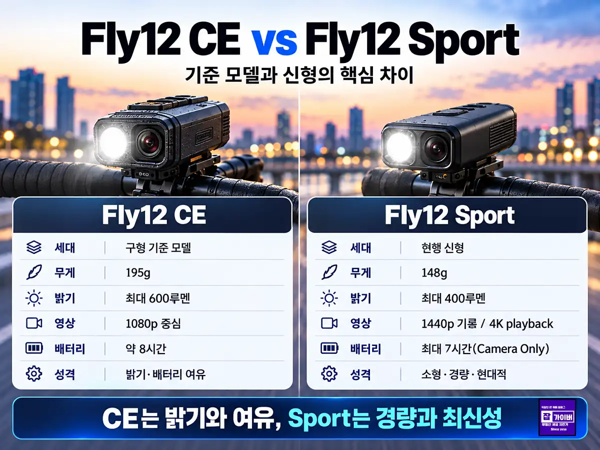 시클릭 FLY12 CE와 FLY12 Sport 자전거 전방 블랙박스 세대 비교