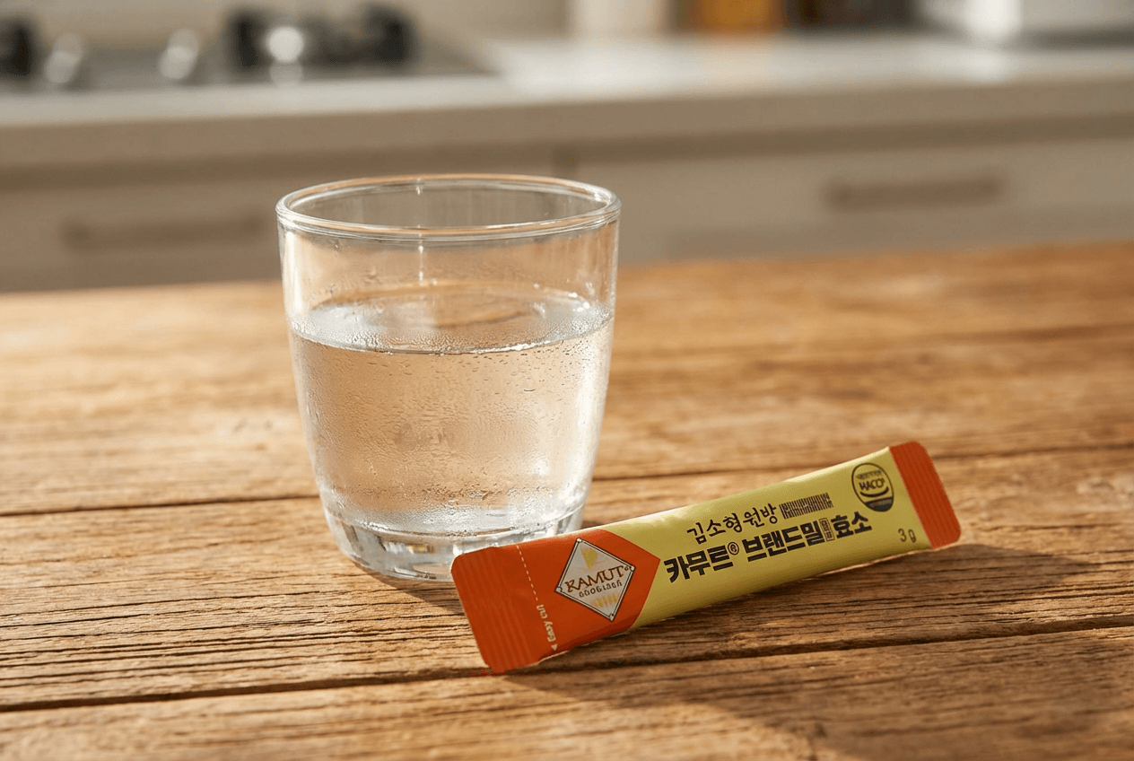 맑은 물이 담긴 유리컵 옆에 카무트 브랜드밀 효소 스틱 한 포가 놓여 있는 모습으로, 식사 후 시원한 물과 함께 간편하게 섭취하는 소화 루틴을 떠올리게 하는 따뜻한 주방 풍경.