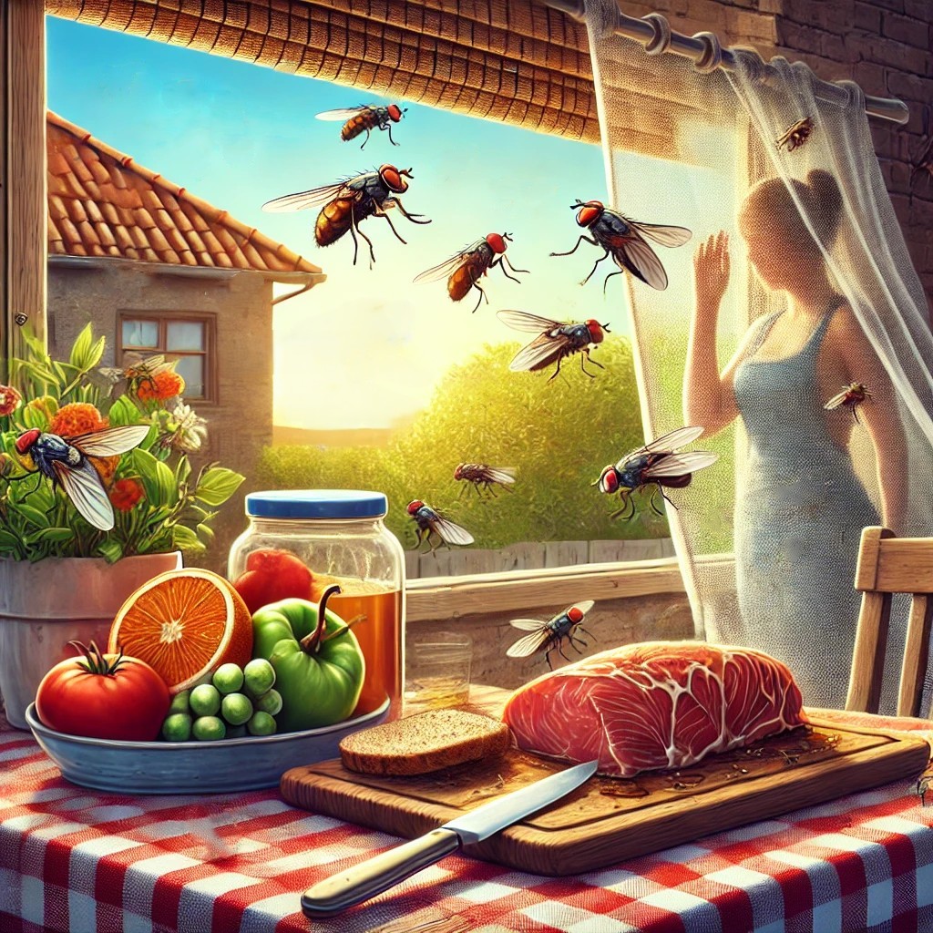 음식에 파리들이 날아오는 사진