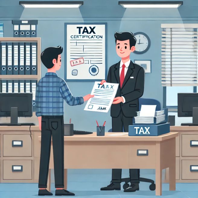 세무서에서 지방세 관련 서류를 발급받는 상황을 묘사한 삽화