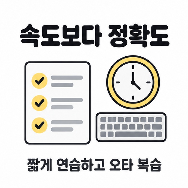 속도보다 정확도를 먼저 살피자는 문구와 체크 메모, 시계, 키보드 그림