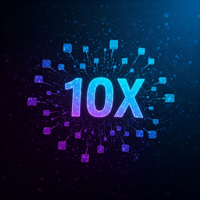 '10X' 숫자가 중앙에 있고, 주변으로 디지털 블록들이 빛을 내며 뻗어나가는 미래지향적인 인포그래픽