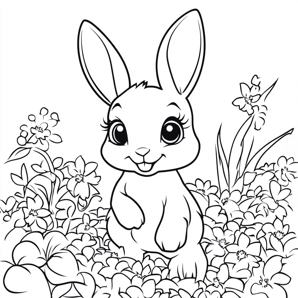 꽃밭에 있는 귀여운 토끼 색칠전