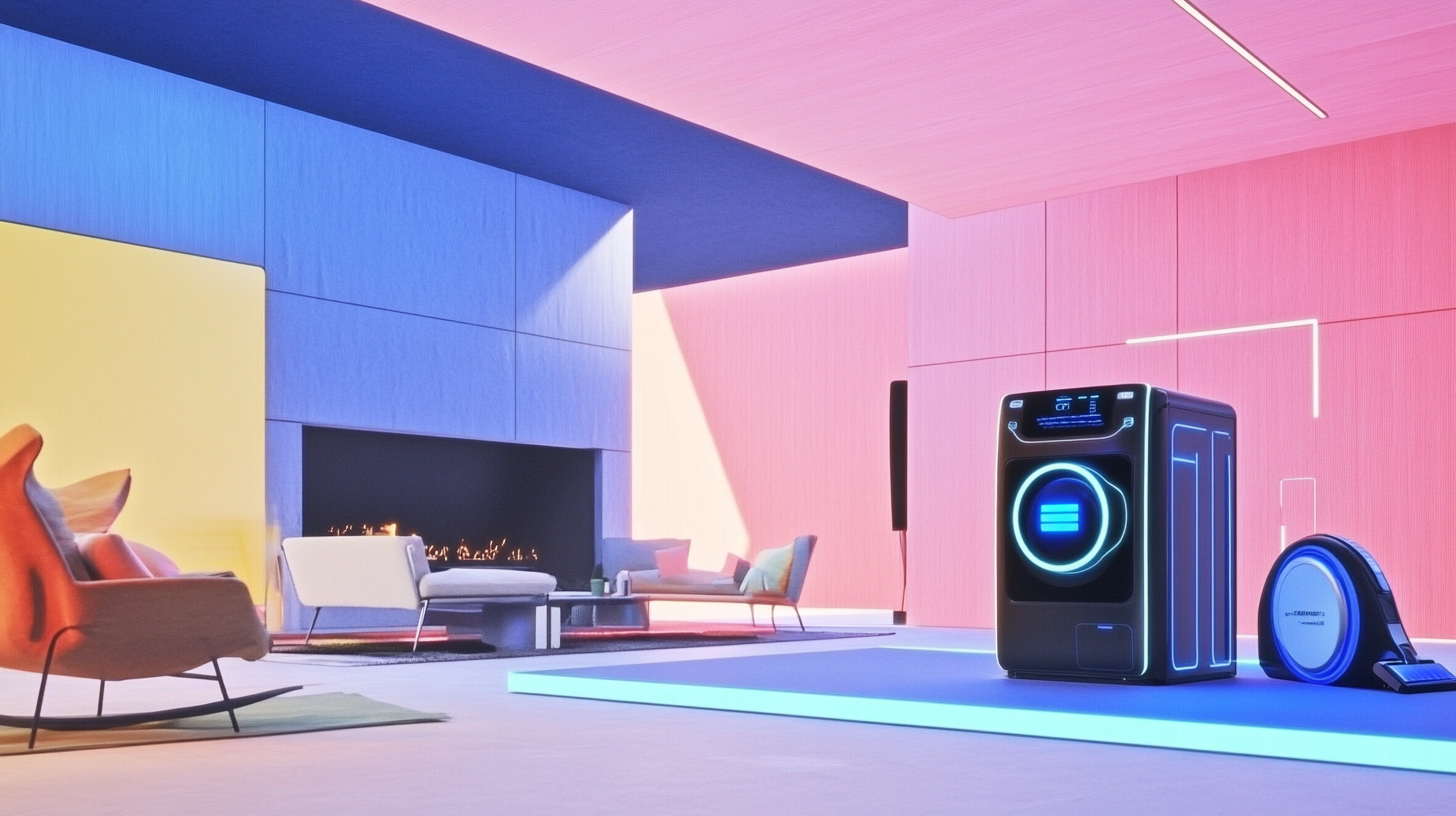 미래 지향적인 가정 환경에서 삼성의 세탁기와 청소기가 AI 기술을 이용하여 시연되는 장면, 첨단 기술 분위기와 역동적인 조명 및 초고화질로 제공된 이미지