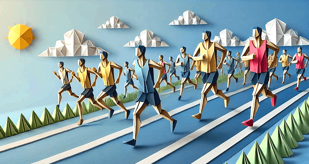 많은 사람들이 도로를 걷는 대회에 참가중이다. 나시 셔츠와 반바지를 입었다.