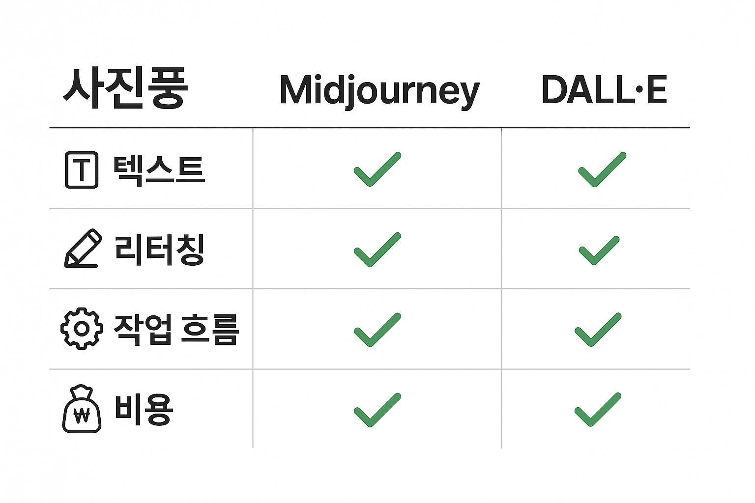 Midjourney와 DALL·E 기능 비교표