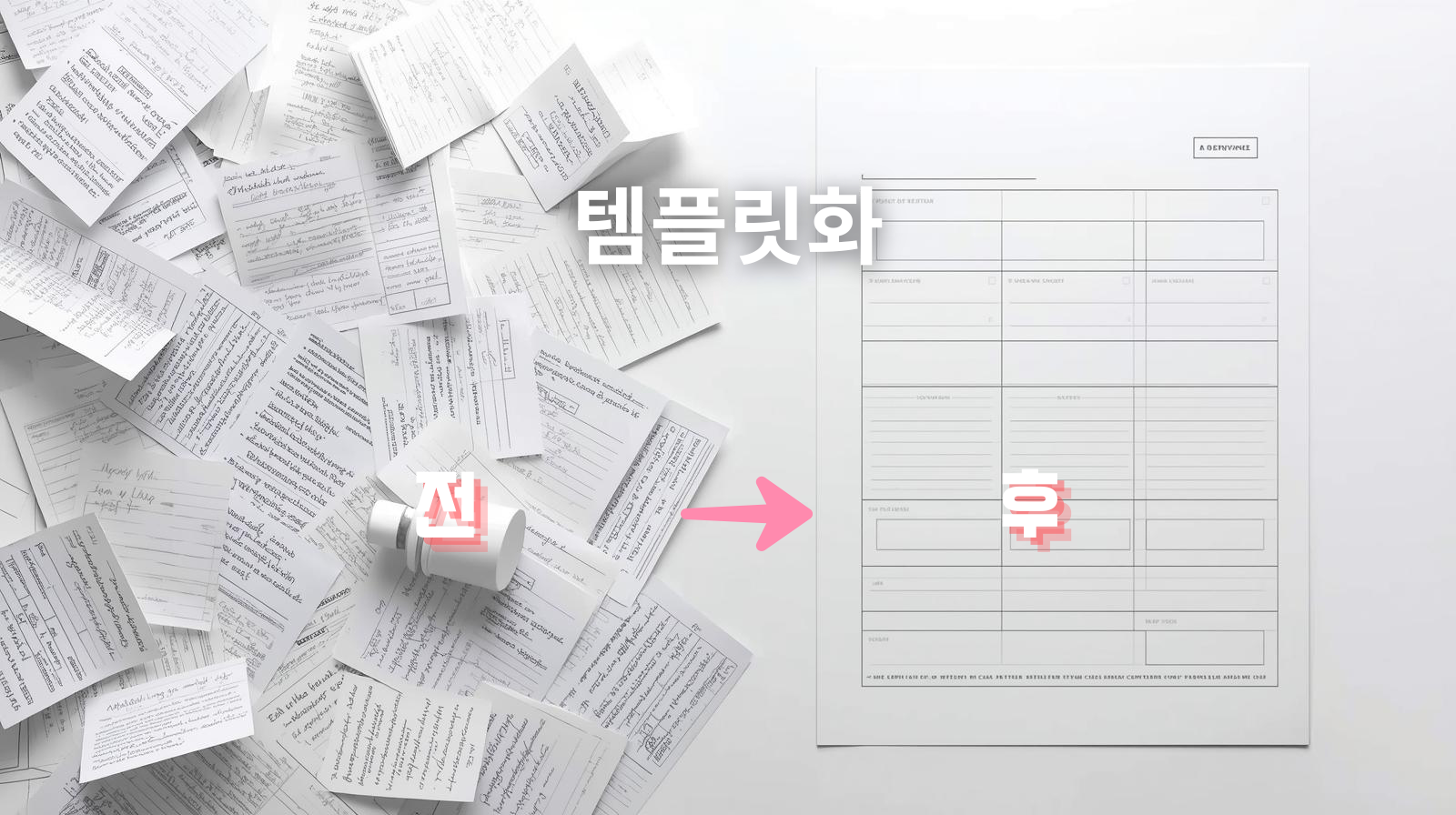 좌측 흩어진 메모, 우측 빈 입력 필드 있는 인쇄 템플릿; 상단 촬영