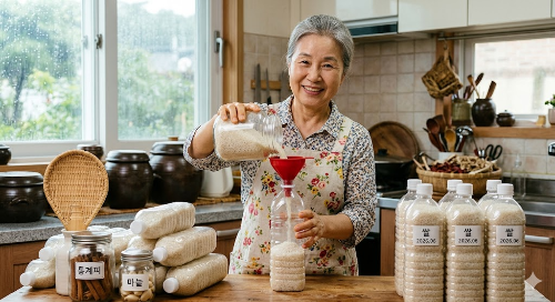여름철 쌀벌레를 차단하기 위해 깨끗한 페트병에 쌀을 소분하여 보관하는 방법