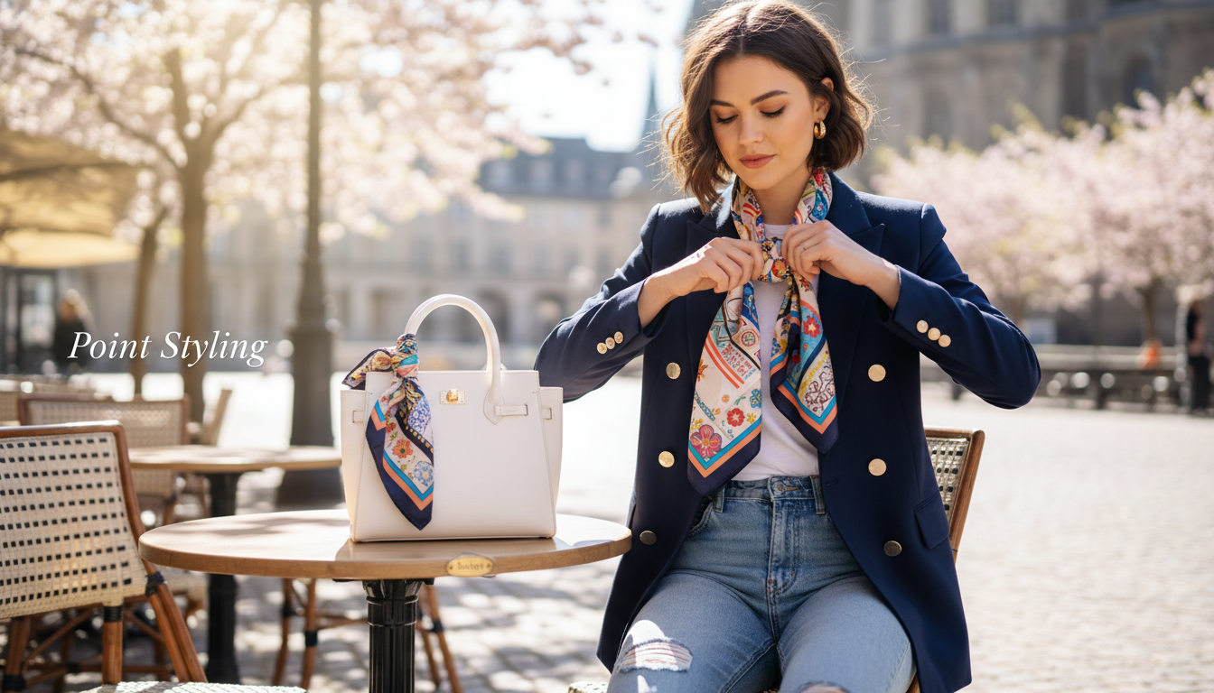 간절기 옷차림에 보온성과 포인트를 더해주는 다채로운 실크 스카프 활용 스타일링