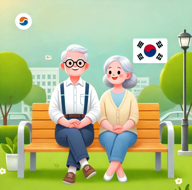밝고 화창한 공원 벤치에 앉아 있는 중년 부부의 일러스트입니다. 남성과 여성은 따뜻하고 친근한 미소를 짓고 있으며, 배경에는 나무와 한국 국기가 보입니다. 전체적으로 행복하고 조화로운 분위기를 표현한 그림입니다